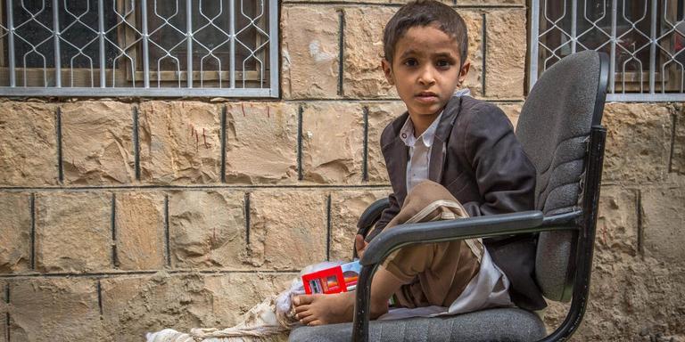 Ismail, pictured here in September 2018 just one month after his school bus was attacked. In addition to a broken foot, Ismail sustained severe injuries from flying shrapnel. Photo credit: Mohammed Awadh / Save the Children, Sept 2018. Ismail, pictured here in September 2018 just one month after his school bus was attacked. In addition to a broken foot, Ismail sustained severe injuries from flying shrapnel. Photo credit: Mohammed Awadh / Save the Children, Sept 2018.